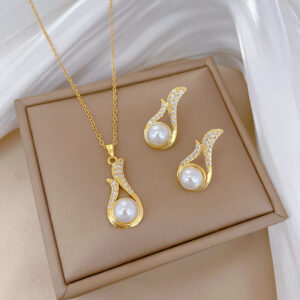 DIEYURO 316L Stainless Steel Pearl & Zircon Pendant Jewelry Set – Necklace & Earrings