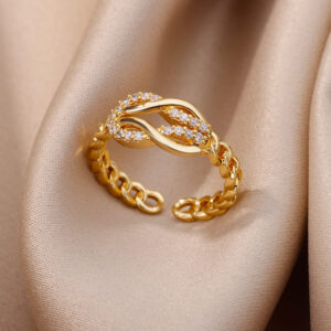 Gold-Plated Stainless Steel Crystal Ring – Geometric Chain Zircon Design