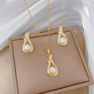 DIEYURO 316L Stainless Steel Pearl & Zircon Pendant Jewelry Set – Necklace & Earrings