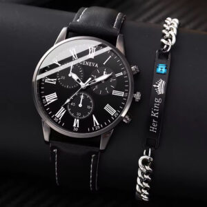 2PCS Men’s Quartz Watch & Bracelet Set – Fashion Digital Scale Dial